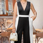 Elegant Black & White Contrast V-Neck Sleeveless Wide-Leg Jumpsuit