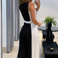 Elegant Black & White Contrast V-Neck Sleeveless Wide-Leg Jumpsuit