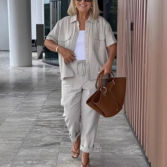 Cotton-Linen Short Sleeve Shirt & Loose Pants Set