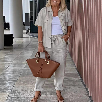 Cotton-Linen Short Sleeve Shirt & Loose Pants Set