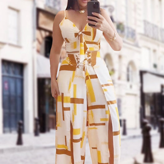 Women's Printed Sleeveless Tops ＆ Slit Pants 2-Piece Set