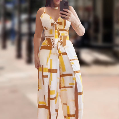 Women's Printed Sleeveless Tops ＆ Slit Pants 2-Piece Set