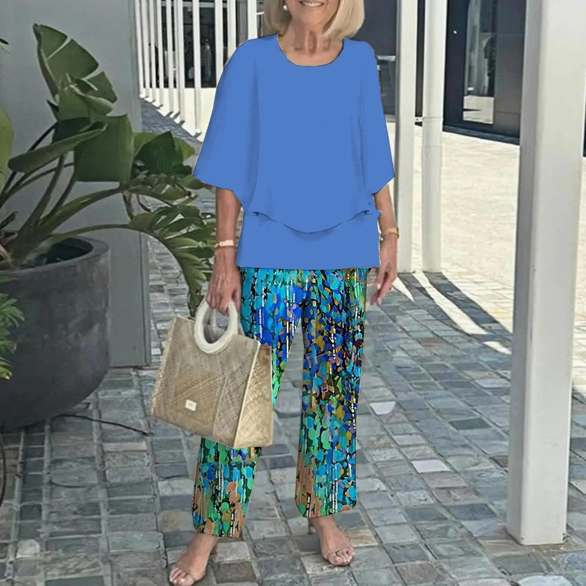 🌞Summer Sale 49% OFF🥰Women’s Casual Round Neck Half Sleeve Top Printed Pants Two Piece Set