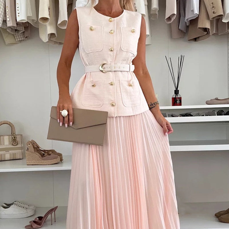 Women's Elegant Button-Down Sleeveless Tops ＆ Pleated Skirt Set