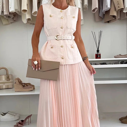 Women's Elegant Button-Down Sleeveless Tops ＆ Pleated Skirt Set