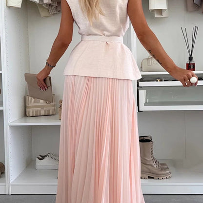 Women's Elegant Button-Down Sleeveless Tops ＆ Pleated Skirt Set