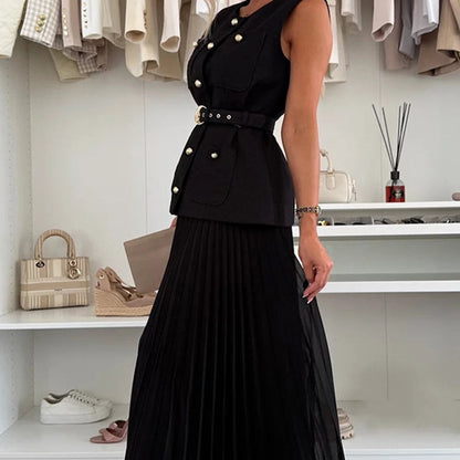 Women's Elegant Button-Down Sleeveless Tops ＆ Pleated Skirt Set