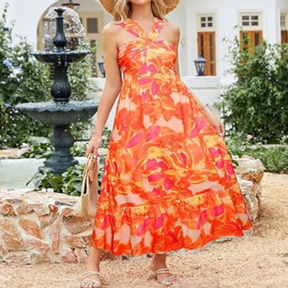 Cross Halter Sleeveless Floral Printed Dress
