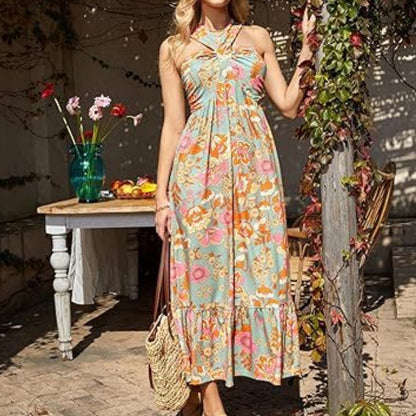 Cross Halter Sleeveless Floral Printed Dress
