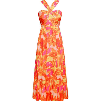 Cross Halter Sleeveless Floral Printed Dress