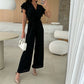 Women's Fashion Solid Color V-Neck Ruffle Sleeve Wide-Leg Jumpsuit