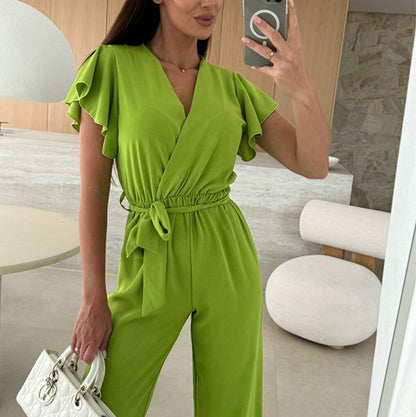 Women's Fashion Solid Color V-Neck Ruffle Sleeve Wide-Leg Jumpsuit