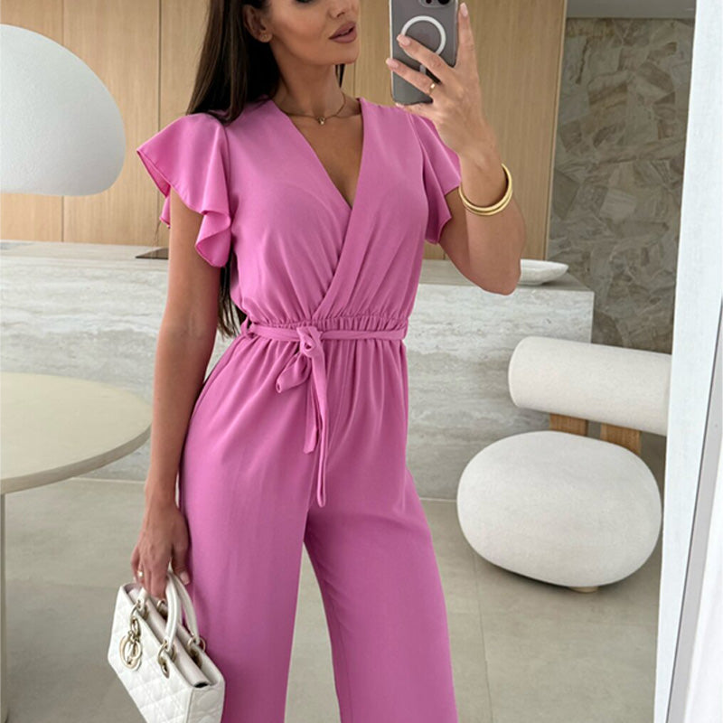 Women's Fashion Solid Color V-Neck Ruffle Sleeve Wide-Leg Jumpsuit