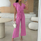 Women's Fashion Solid Color V-Neck Ruffle Sleeve Wide-Leg Jumpsuit