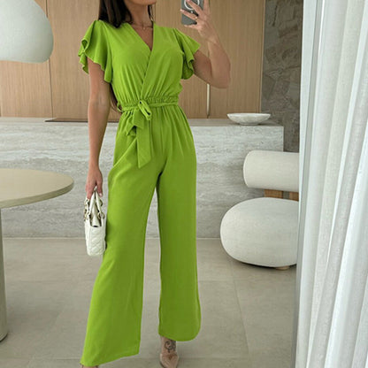 Women's Fashion Solid Color V-Neck Ruffle Sleeve Wide-Leg Jumpsuit