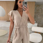 Women's Fashion Solid Color V-Neck Ruffle Sleeve Wide-Leg Jumpsuit