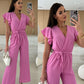 Women's Fashion Solid Color V-Neck Ruffle Sleeve Wide-Leg Jumpsuit