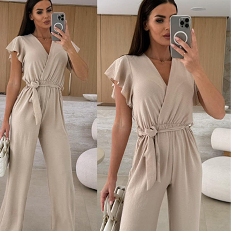 Women's Fashion Solid Color V-Neck Ruffle Sleeve Wide-Leg Jumpsuit