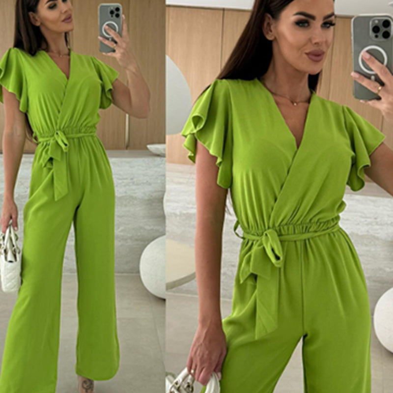 Women's Fashion Solid Color V-Neck Ruffle Sleeve Wide-Leg Jumpsuit