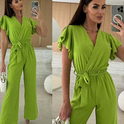 Women's Fashion Solid Color V-Neck Ruffle Sleeve Wide-Leg Jumpsuit