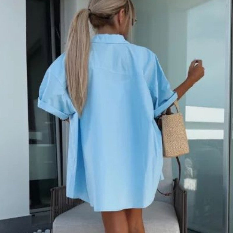 Vibrant Solid Color Short Sleeve Shirt & High Waisted Shorts 2-Piece Set