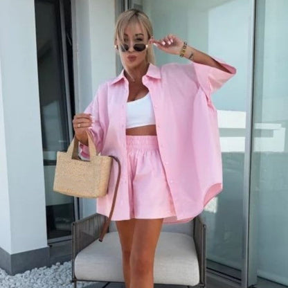 Vibrant Solid Color Short Sleeve Shirt & High Waisted Shorts 2-Piece Set