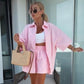 Vibrant Solid Color Short Sleeve Shirt & High Waisted Shorts 2-Piece Set