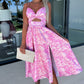 Pink Floral Print Waist Cutout V-Neck Sleeveless Dress