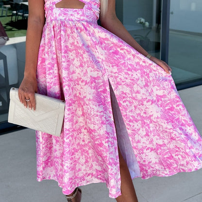 Pink Floral Print Waist Cutout V-Neck Sleeveless Dress