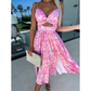 Pink Floral Print Waist Cutout V-Neck Sleeveless Dress
