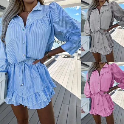 Women’s Striped Lapel Button-Down Tops ＆ Short Skirts Set