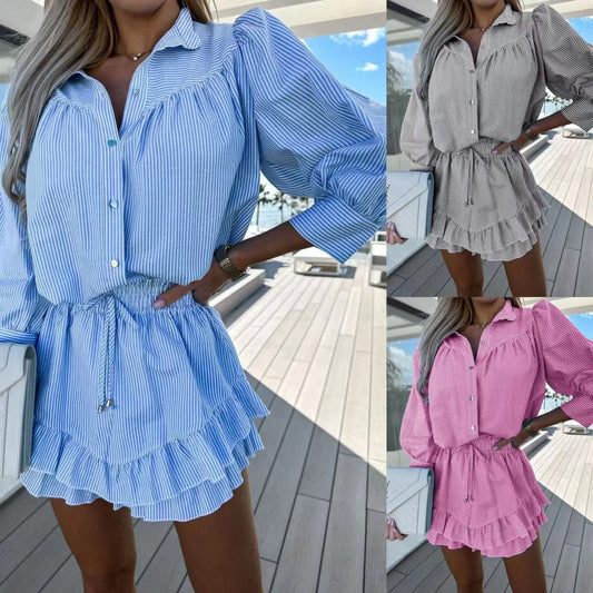 Women’s Striped Lapel Button-Down Tops ＆ Short Skirts Set