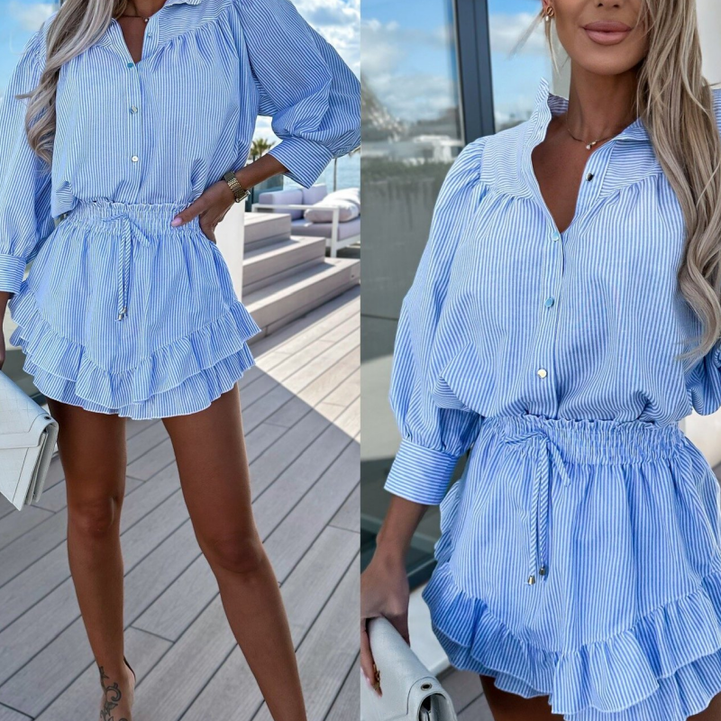 Women’s Striped Lapel Button-Down Tops ＆ Short Skirts Set