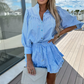 Women’s Striped Lapel Button-Down Tops ＆ Short Skirts Set