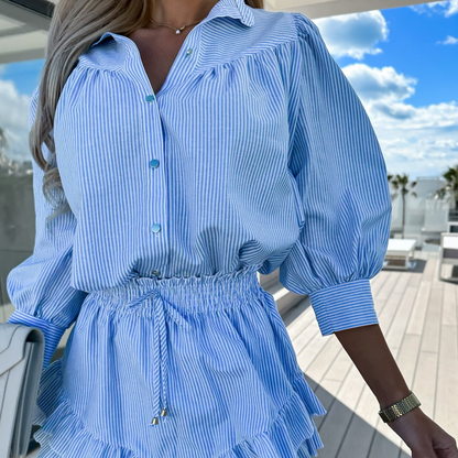 Women’s Striped Lapel Button-Down Tops ＆ Short Skirts Set