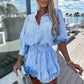 Women’s Striped Lapel Button-Down Tops ＆ Short Skirts Set