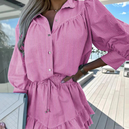 Women’s Striped Lapel Button-Down Tops ＆ Short Skirts Set