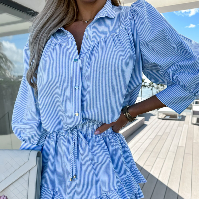Women’s Striped Lapel Button-Down Tops ＆ Short Skirts Set