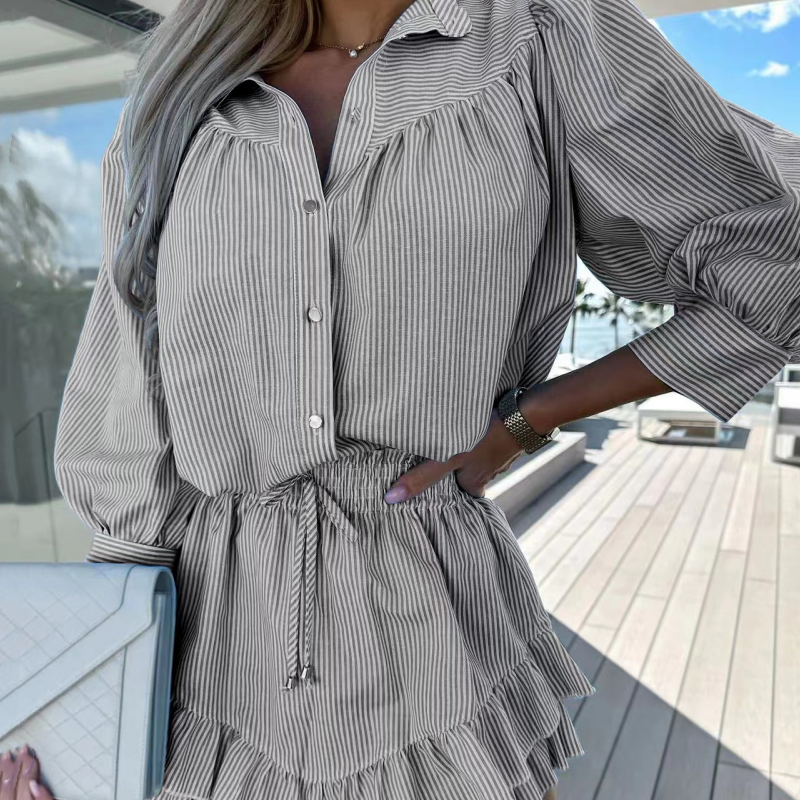 Women’s Striped Lapel Button-Down Tops ＆ Short Skirts Set