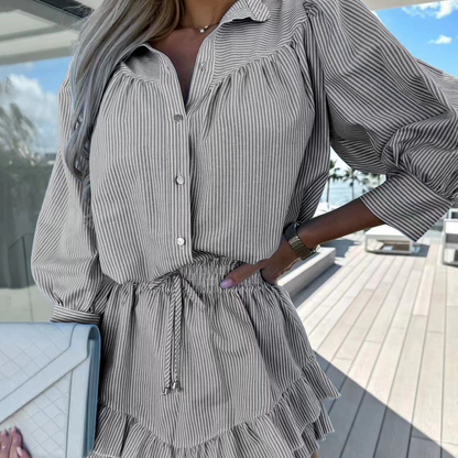 Women’s Striped Lapel Button-Down Tops ＆ Short Skirts Set