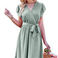 🎗️Elegant Wrap V-Neck Tie Waist Ruffle-Sleeve Dress🤍