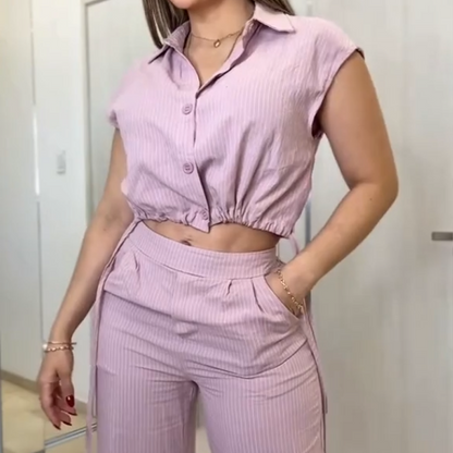 Women Crop Top Long Pants 2-Piece Set