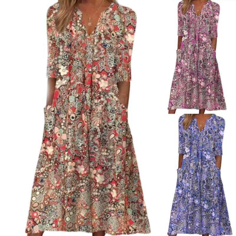 Women's Casual Floral Print V-Neck Loose Fit Dress