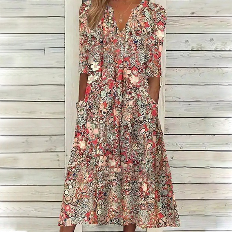 Women's Casual Floral Print V-Neck Loose Fit Dress