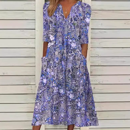Women's Casual Floral Print V-Neck Loose Fit Dress