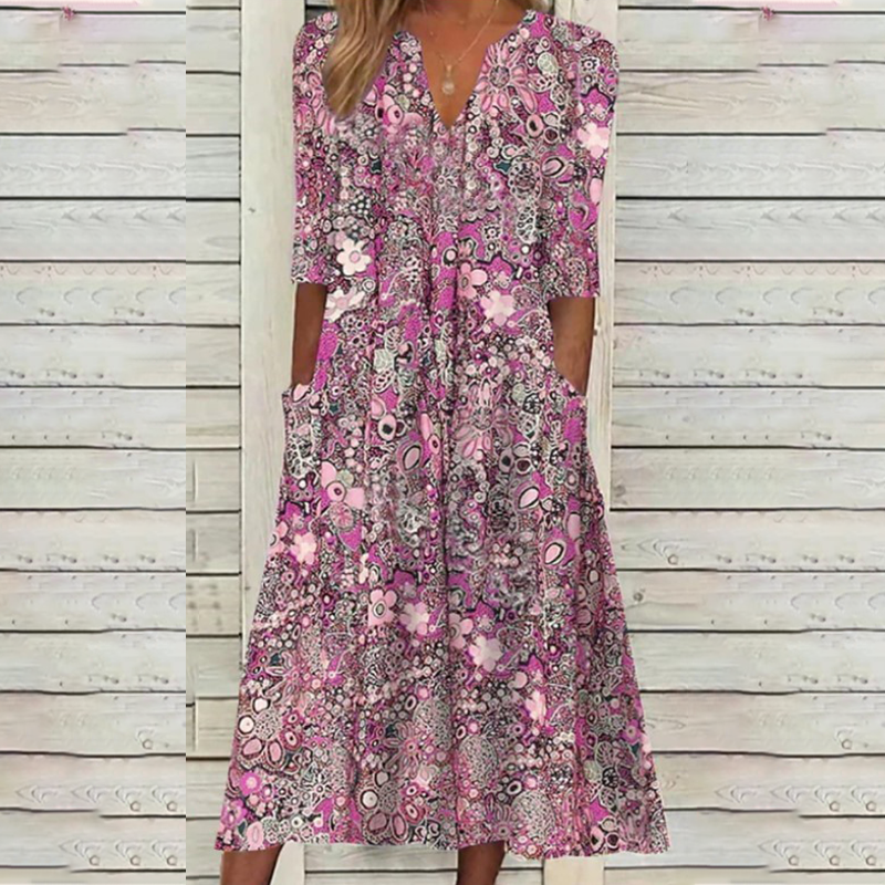 Women's Casual Floral Print V-Neck Loose Fit Dress