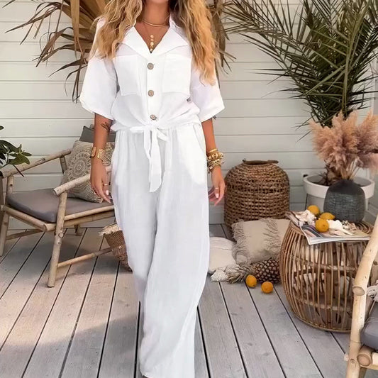 Women's Solid Color Loose Short-Sleeve Shirt & Wide-Leg Pants 2-Piece Set