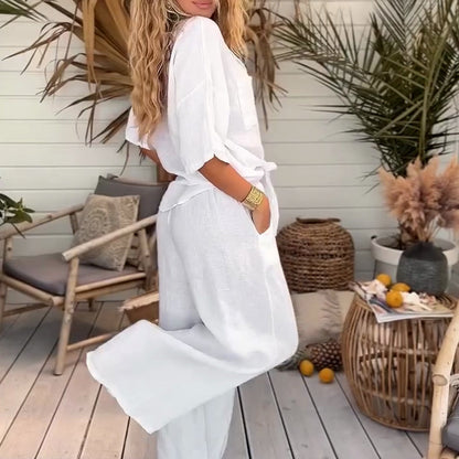 Women's Solid Color Loose Short-Sleeve Shirt & Wide-Leg Pants 2-Piece Set