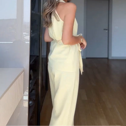 V-Neck Sleeveless Top and Straight-Leg Pants 2-piece suit