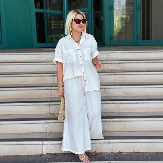 Breathable Solid Color 2-Piece Set - Short-Sleeved Collared Shirt & Wide-Leg Pants